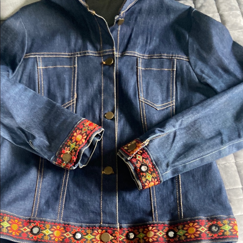 Source Unknown Blue and Red Jean Jacket with Ethnic Trim
